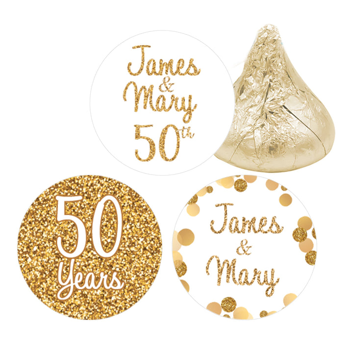 Aniversario de bodas de oro personalizado: pegatinas para regalos de fiesta - Se adapta a Hershey® Kisses - 180 pegatinas