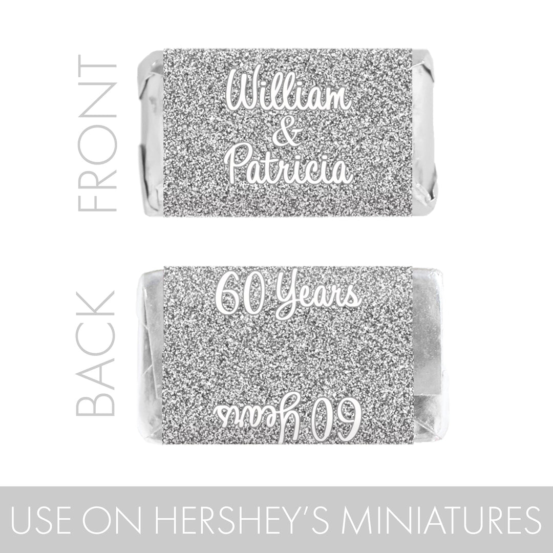 Personalized Silver Wedding Anniversary: Mini Candy Bar Labels -  Fits on Hershey® Miniatures - 45 or 250 Stickers