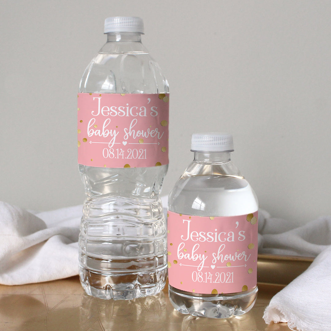 Confeti dorado: rosa - Etiquetas para botellas de agua para baby shower It's a Girl - 24 pegatinas