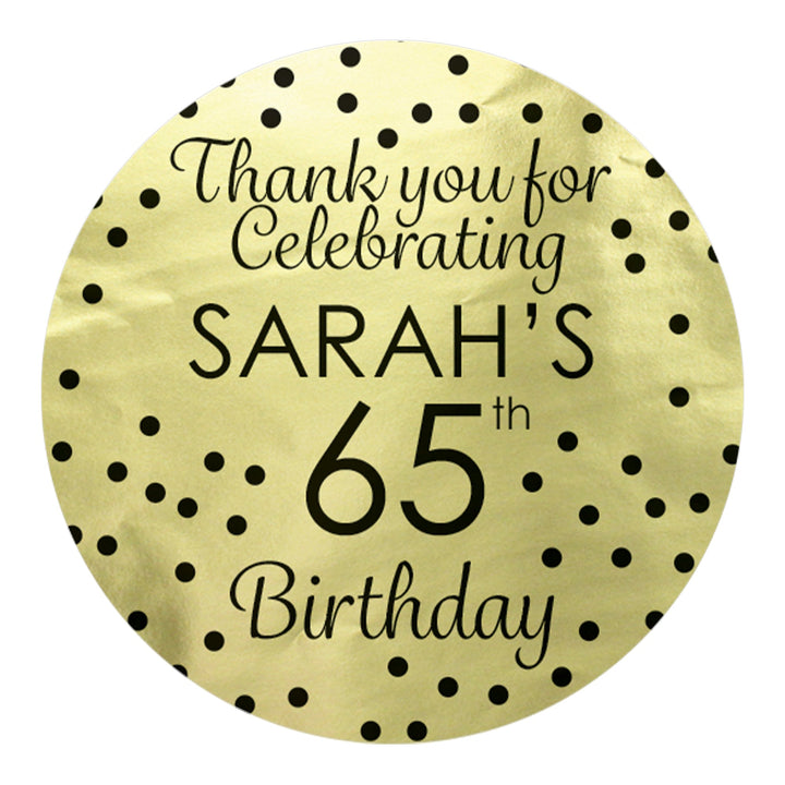 Cumpleaños personalizado: negro y dorado - Etiquetas redondas grandes para fiesta - Lámina brillante - 40 pegatinas