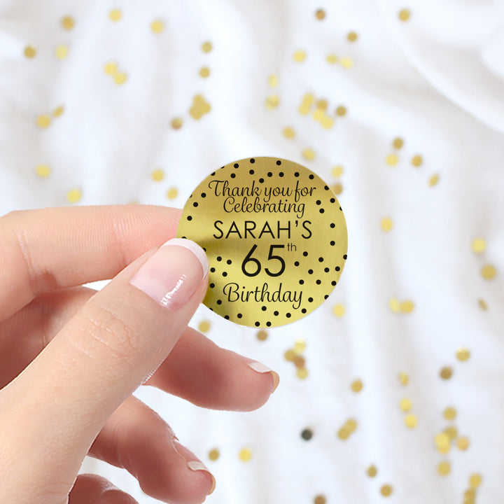 Personalized Birthday: Black and Gold - Party Large Round Labels - Shiny Foil - 40, 100, or 250 Stickers