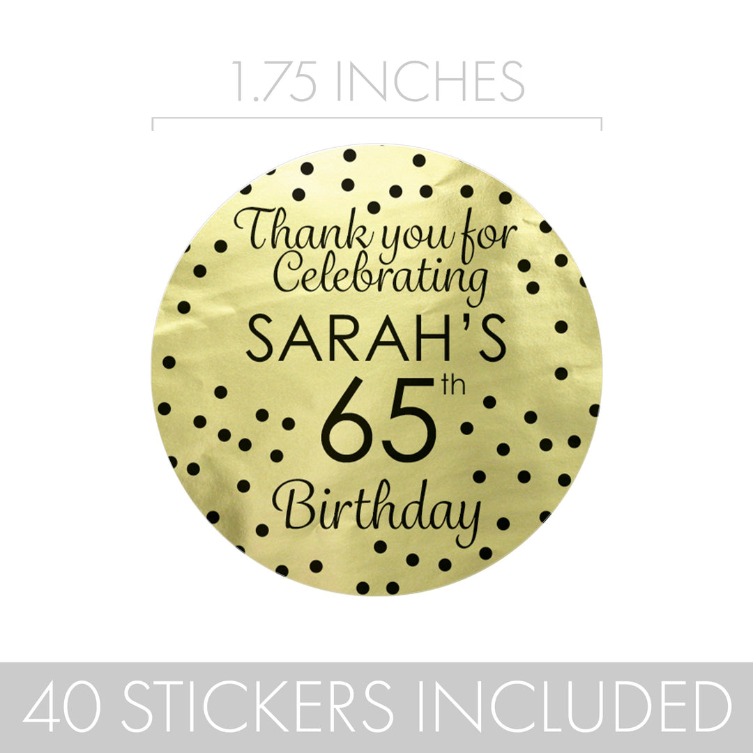 Personalized Birthday: Black and Gold - Party Large Round Labels - Shiny Foil - 40 Stickers