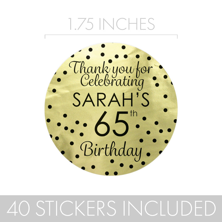 Personalized Birthday: Black and Gold - Party Large Round Labels - Shiny Foil - 40, 100, or 250 Stickers