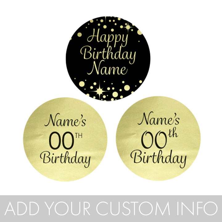 Personalized Birthday: Black and Gold - Party Favor Stickers - Shiny Foil - 180 or 450 Stickers