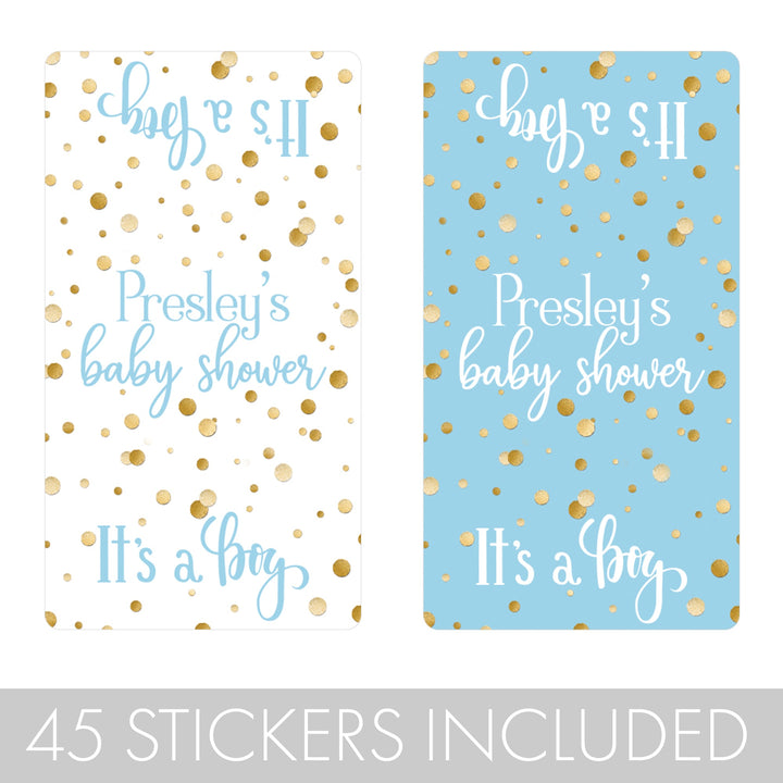 Confeti dorado personalizado: azul - Mini etiquetas para barra de dulces It's a Boy Baby Shower - 45 pegatinas