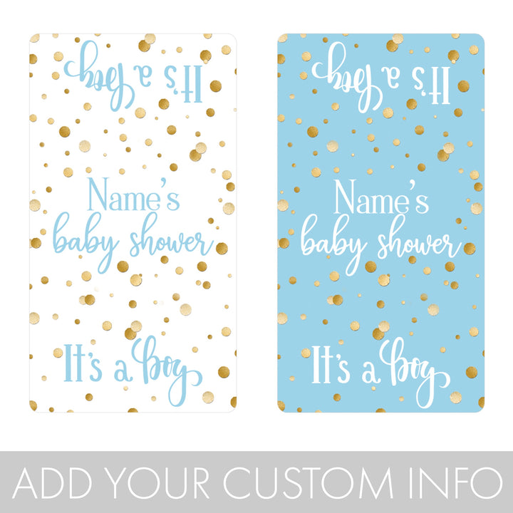 Personalized Gold Confetti: Blue - It's a Boy Baby Shower Mini Candy Bar Labels - 45 Stickers