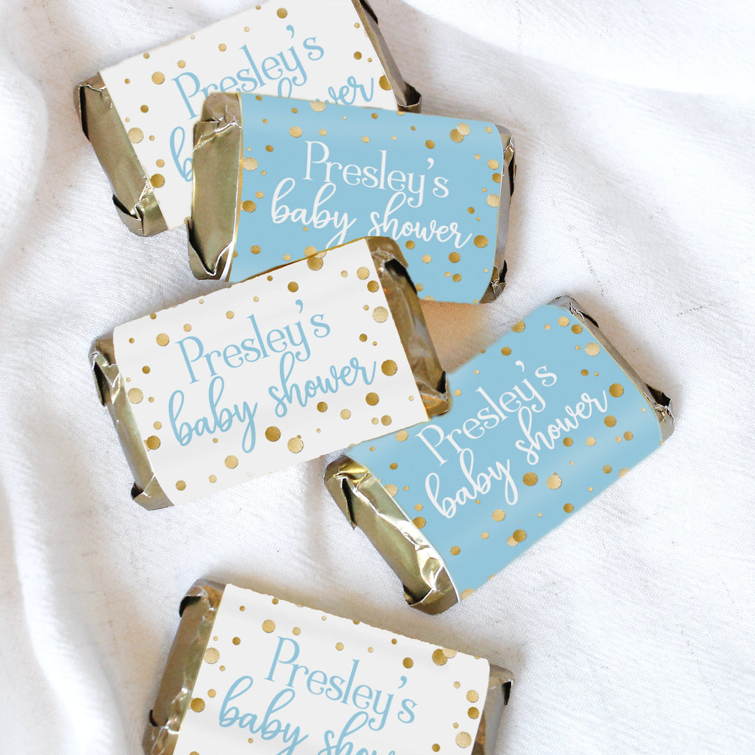 Personalized Birthday: Gold Confetti Blue -  Hershey's Miniatures Candy Bar Wrappers Stickers - 45 Stickers