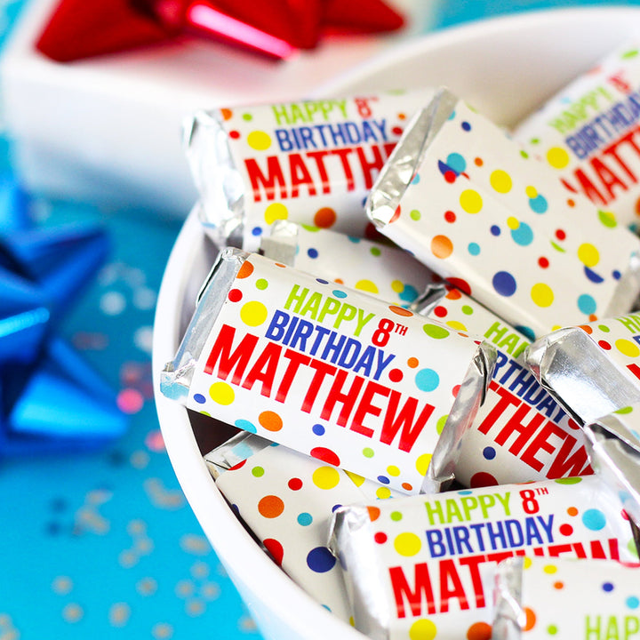 Cumpleaños personalizado: puntos arcoíris - Mini etiquetas para barra de dulces - Se adapta a miniaturas Hershey® - 45 pegatinas
