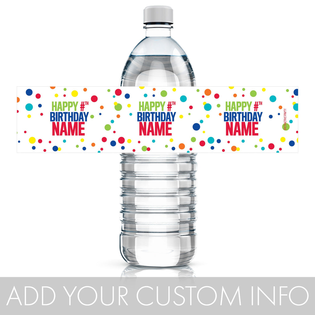 Cumpleaños personalizado: Rainbow Dots - Etiquetas para botellas de agua - 24 pegatinas impermeables