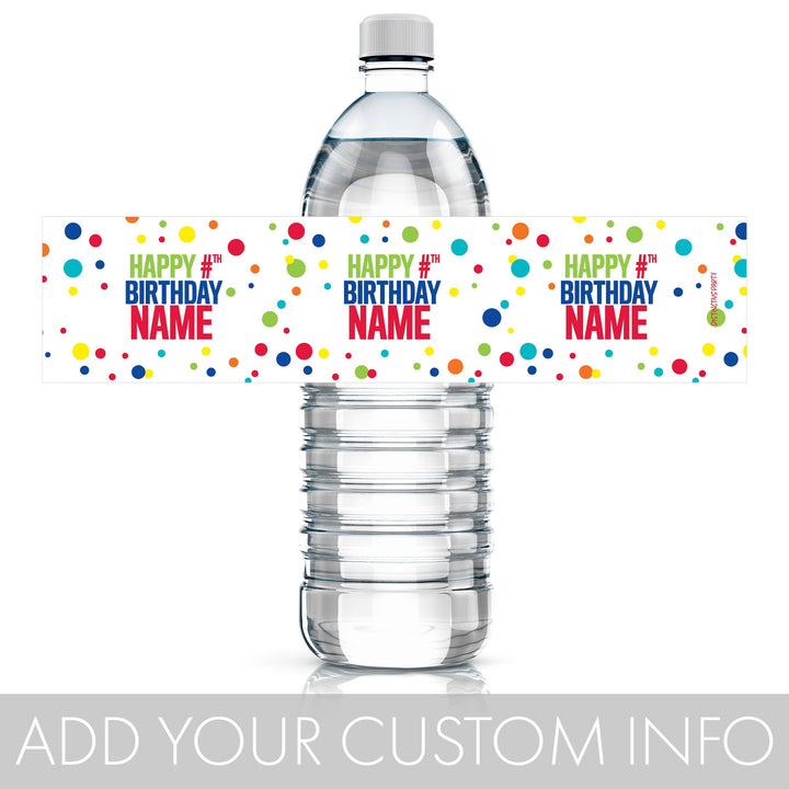 Personalized Birthday: Rainbow Dots - Water Bottle Labels - 24 Waterproof Stickers