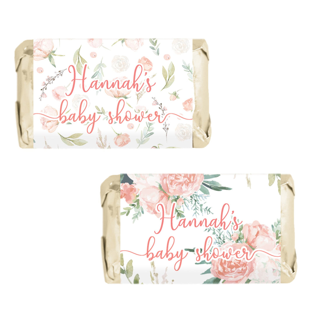 Floral rosa personalizado: Mini etiquetas para barra de dulces para baby shower, primavera, niña, 45 pegatinas