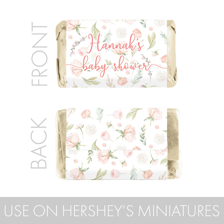 Floral rosa personalizado: Mini etiquetas para barra de dulces para baby shower, primavera, niña, 45 pegatinas