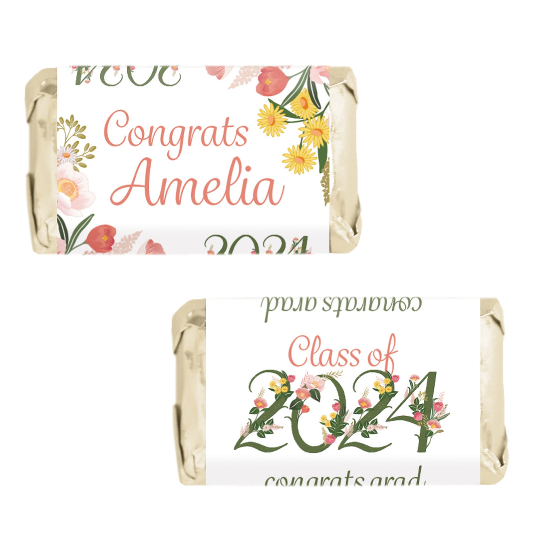 Calcomanías personalizadas de envoltorios para barra de dulces en miniatura de Hershey's® de graduación floral - Clase de 2024