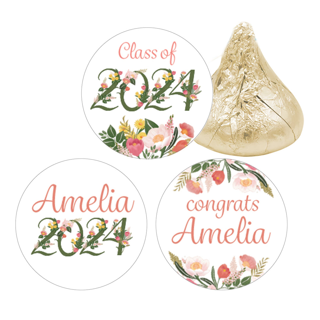 Pegatinas personalizadas de dulces de graduación florales - Etiquetas que se ajustan a Hershey's® Kisses® - Clase de 2024
