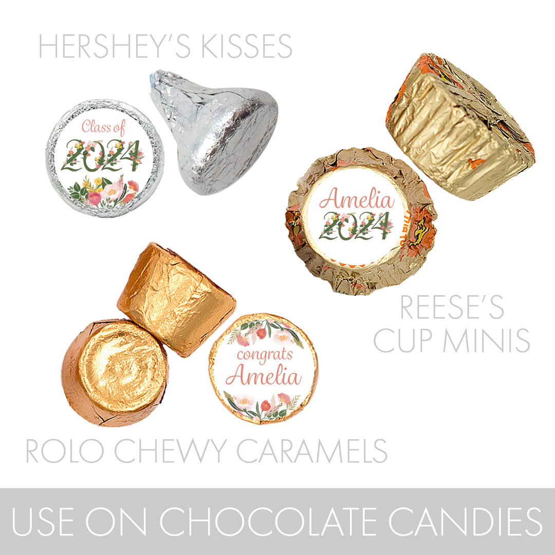 Personalized Floral Graduation Candy Stickers - Labels Fit Hershey's® Kisses® - Class of 2024