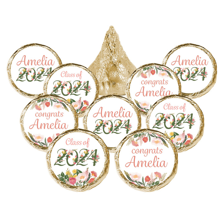 Pegatinas personalizadas de dulces de graduación florales - Etiquetas que se ajustan a Hershey's® Kisses® - Clase de 2024