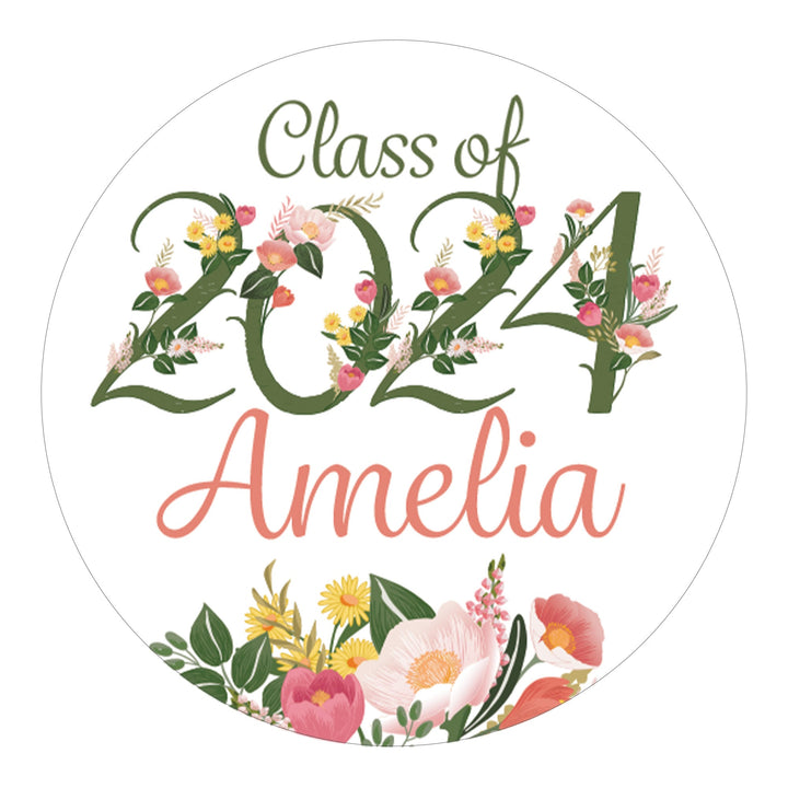 Personalized Floral Graduation Stickers - 1.75 in. Round - Class of 2024