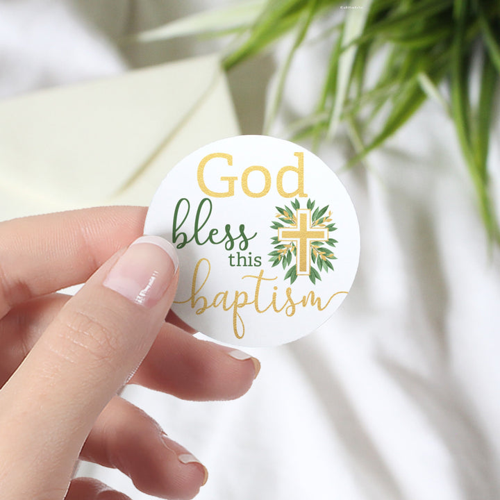 Baptism: Gold and Greenery Cross - Party Favor Stickers - 40 Stickers