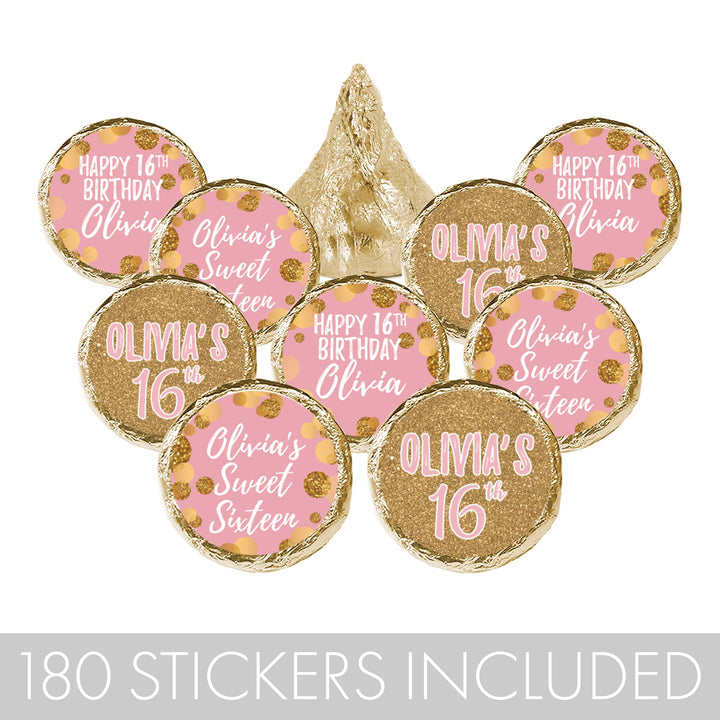 Dulces 16 personalizados: rosa y dorado - Pegatinas para regalos de fiesta de cumpleaños - Se adapta a Hershey's Kisses - 180 pegatinas