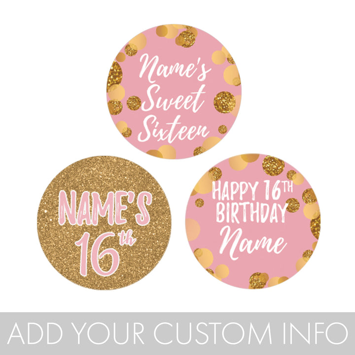 Dulces 16 personalizados: rosa y dorado - Pegatinas para regalos de fiesta de cumpleaños - Se adapta a Hershey's Kisses - 180 pegatinas