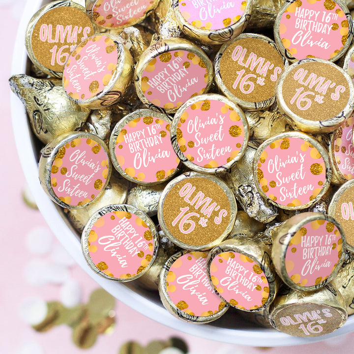 Personalized Sweet 16: Pink & Gold- Birthday Party Favor Stickers - Fits on Hershey's Kisses - 180 Stickers