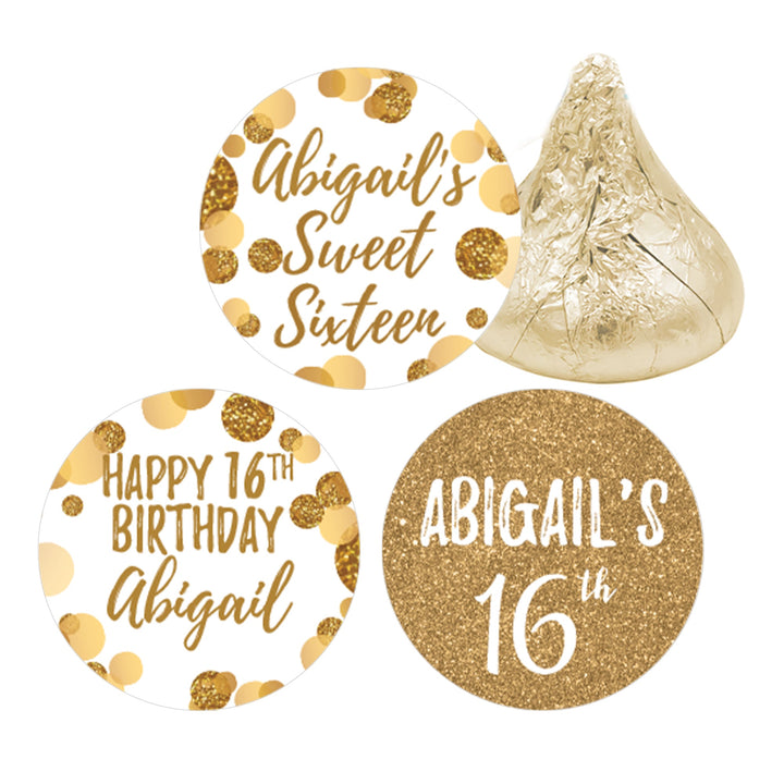 Dulces 16 personalizados: blanco y dorado - Pegatinas para regalos de fiesta de cumpleaños - Se adapta a Hershey's Kisses - 180 pegatinas