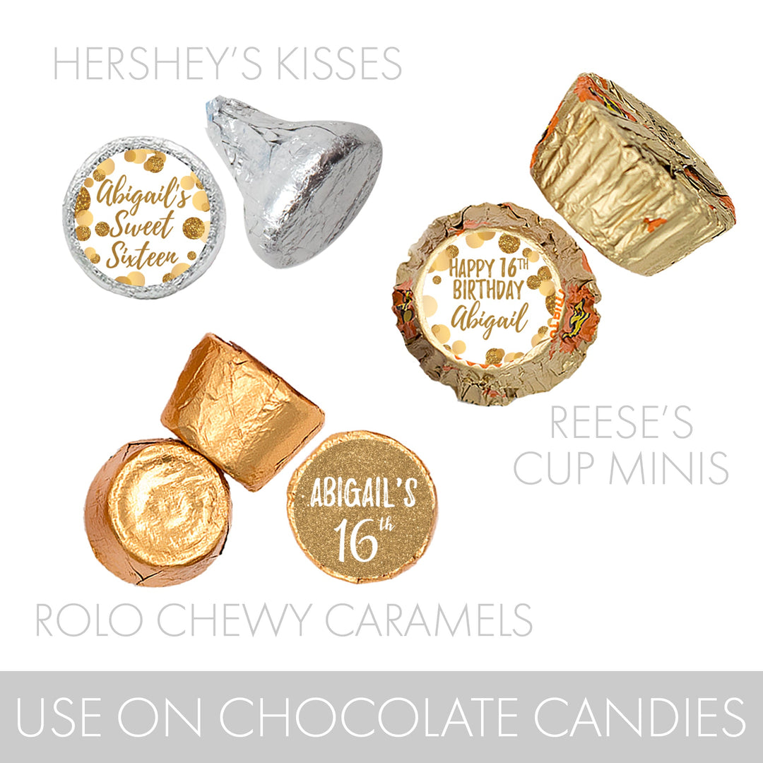 Personalized Sweet 16: White & Gold - Birthday Party Favor Stickers - Fits on Hershey's Kisses - 180 Stickers