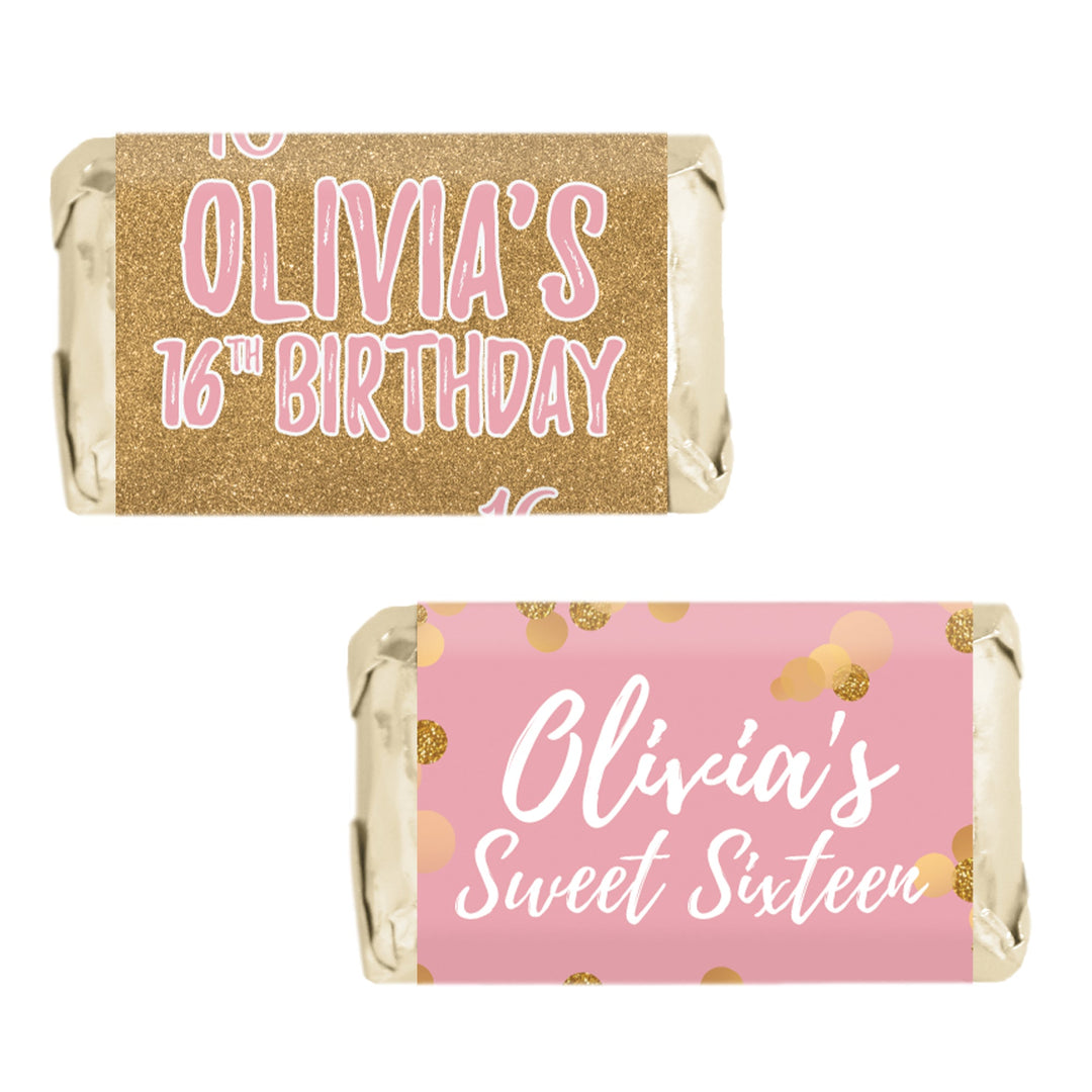Personalized Sweet 16: Pink & Gold - Birthday Party Mini Candy Bar Wrappers - 45 Stickers