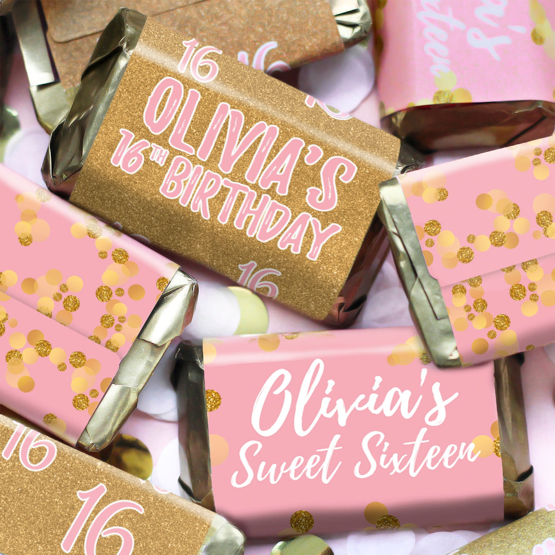 Personalized Sweet 16: Pink & Gold - Birthday Party Mini Candy Bar Wrappers - 45 Stickers