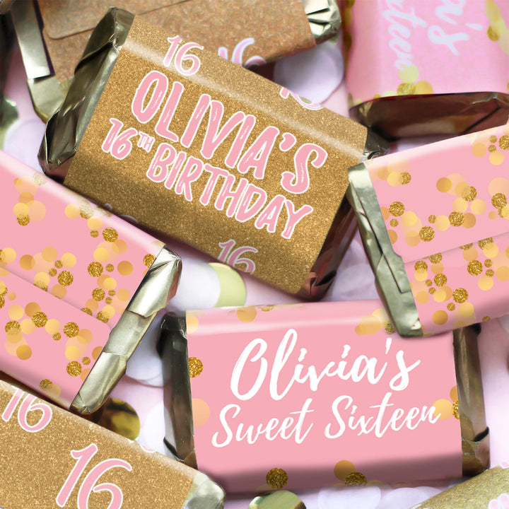 Dulce 16 personalizado: rosa y dorado – Mini envoltorios para barra de caramelos para fiesta de cumpleaños – 45 pegatinas