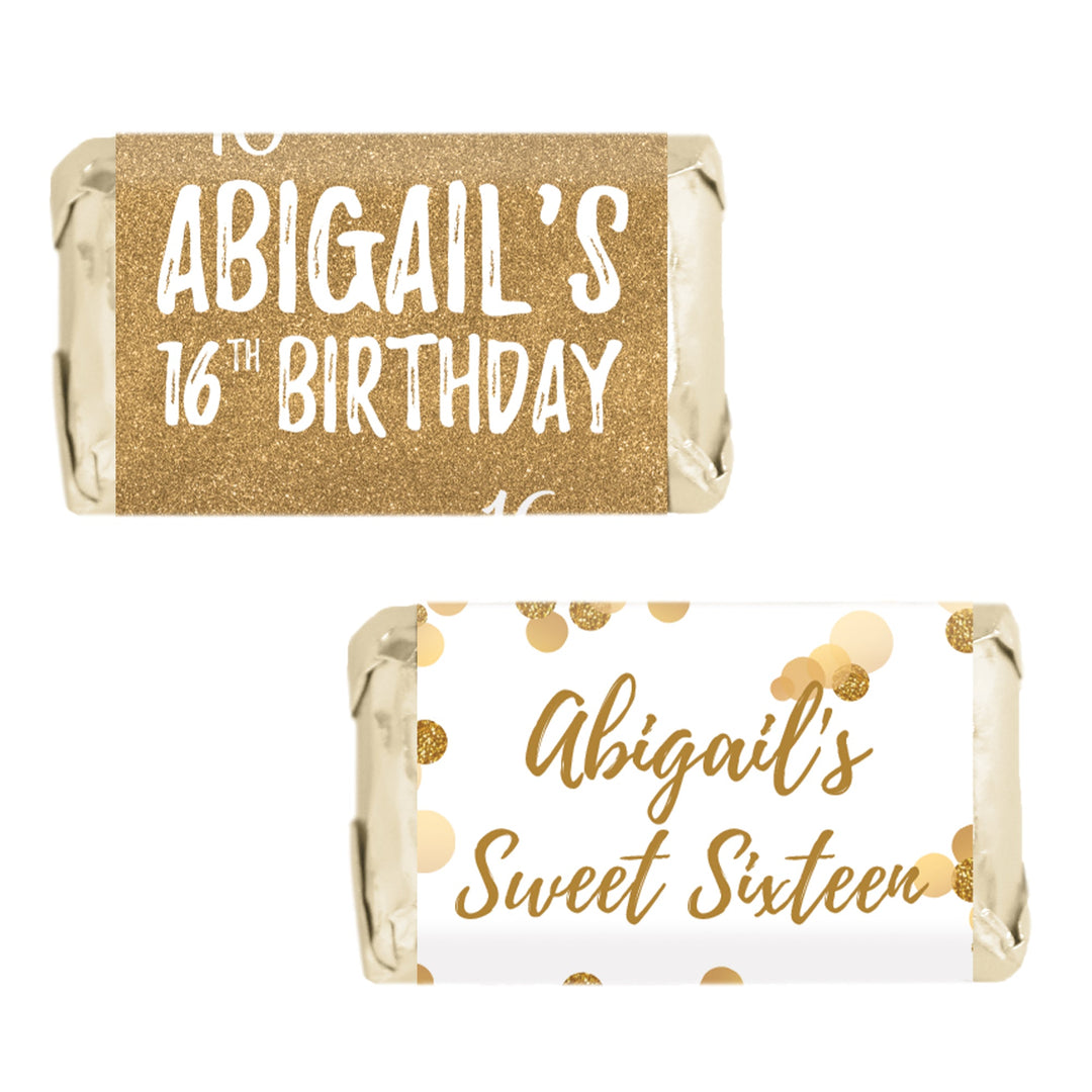 Personalized Sweet 16: White & Gold - Birthday Party Mini Candy Bar Wrappers - 45 Stickers