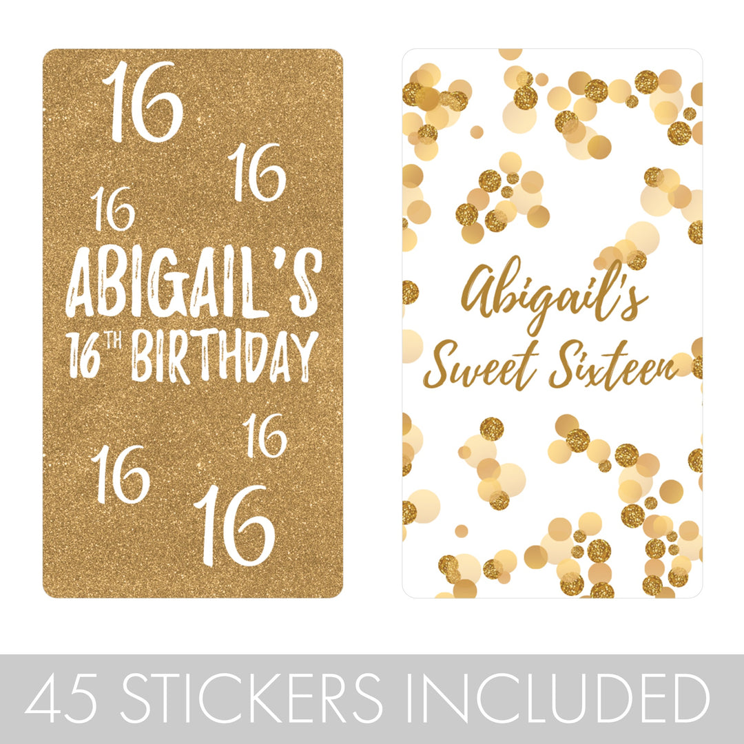 Dulce 16 personalizado: blanco y dorado – Mini envoltorios para barra de caramelos para fiesta de cumpleaños – 45 pegatinas