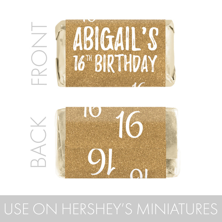 Dulce 16 personalizado: blanco y dorado – Mini envoltorios para barra de caramelos para fiesta de cumpleaños – 45 pegatinas