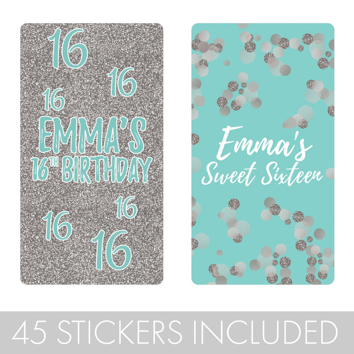 Personalized Sweet 16: Teal & Silver - Birthday Party  Mini Candy Bar Wrappers - 45 Stickers