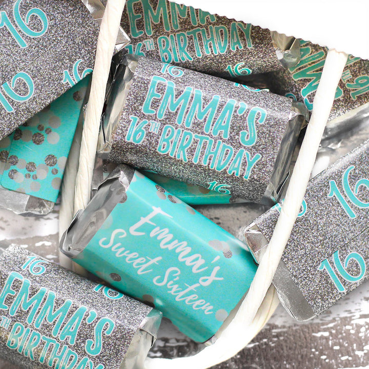 Dulce 16 personalizado: verde azulado y plateado - Mini envoltorios para barra de dulces para fiesta de cumpleaños - 45 pegatinas
