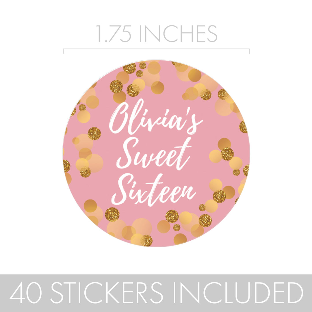 Personalized Sweet 16: Pink & Gold - Birthday Party Favor Stickers - 40 Stickers