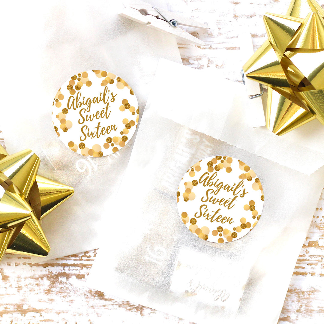 Dulces 16 personalizados: blanco y dorado - Pegatinas para regalos de fiesta de cumpleaños - 40 pegatinas