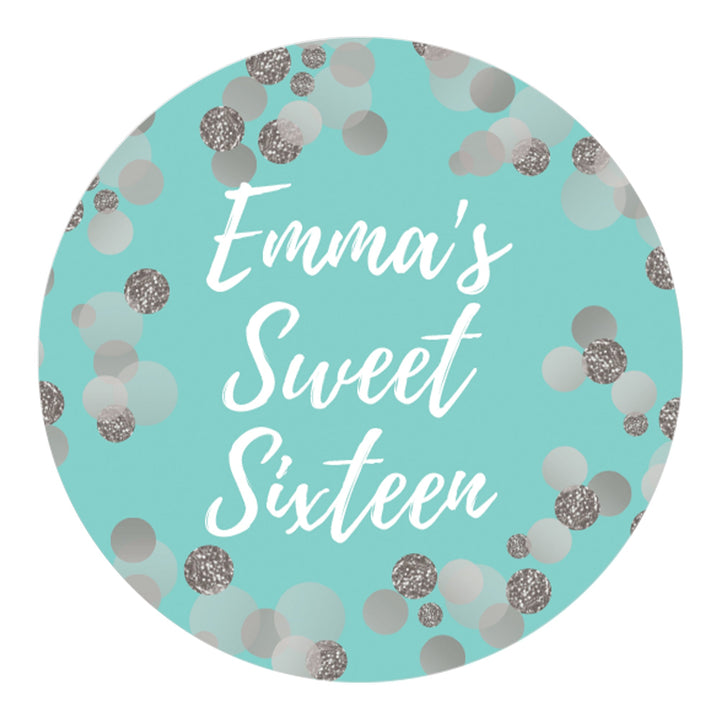 Personalized Sweet 16: Teal & Silver - Birthday Party Favor Stickers - 40 Stickers