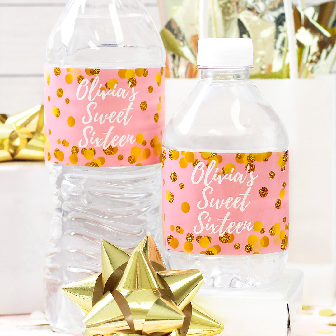 Dulces 16: rosa y dorado - Etiquetas para botellas de agua para fiesta de cumpleaños - 24 pegatinas