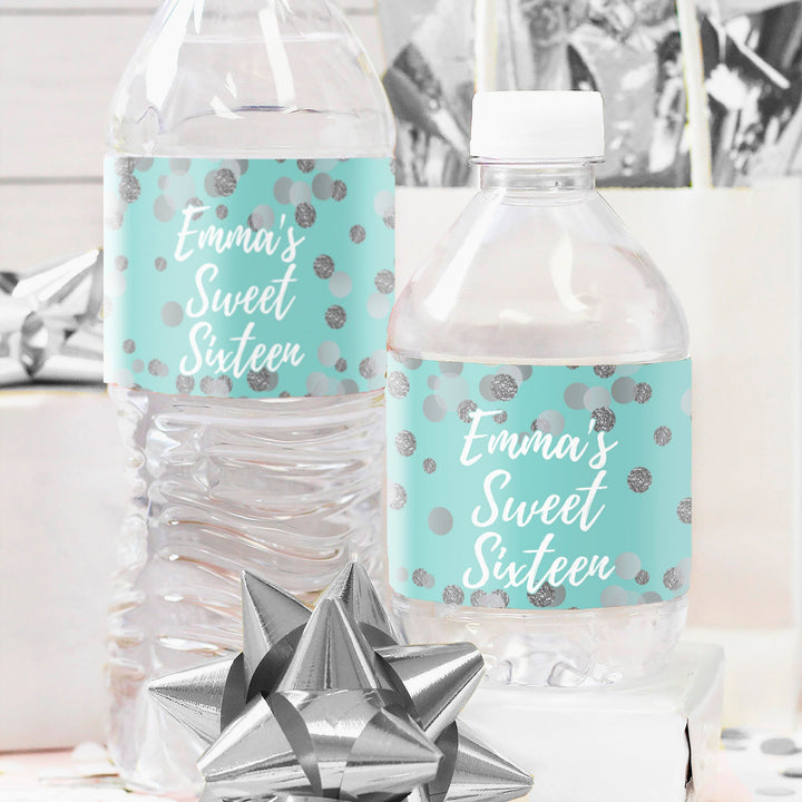 Personalized Sweet 16: Teal & Silver - Birthday Party Water Bottle Labels - 24 Stickers