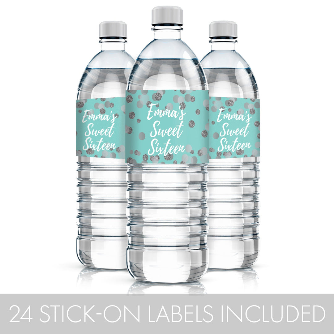 Dulces 16 personalizados: verde azulado y plateado - Etiquetas para botellas de agua para fiesta de cumpleaños - 24 pegatinas