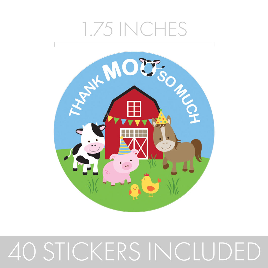 Barnyard Farm Animals:  Kid's Birthday - Thank You Stickers - 40 Stickers