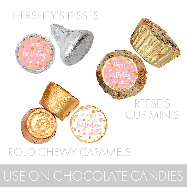 Personalized Birthday: Gold Confetti Pink - Party Favor Stickers - Fits on Hershey's Kisses -  180 Stickers