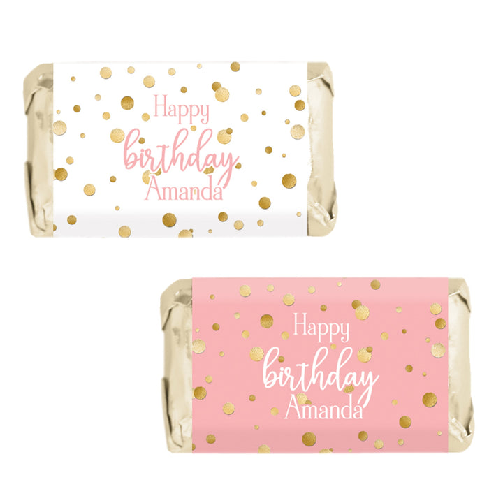 Cumpleaños personalizado: Confeti dorado rosa - Envoltorios para barra de dulces en miniatura de Hershey's - 45 pegatinas