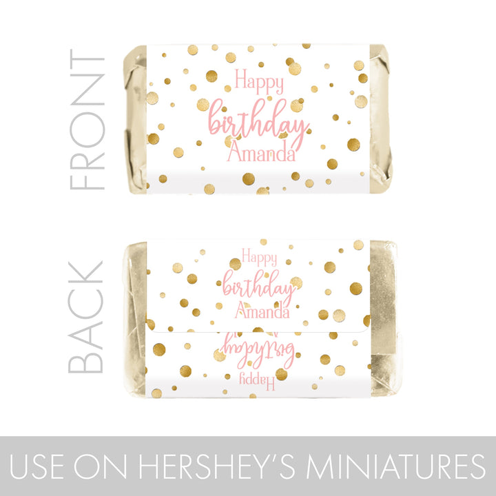 Cumpleaños personalizado: Confeti dorado rosa - Envoltorios para barra de dulces en miniatura de Hershey's - 45 pegatinas