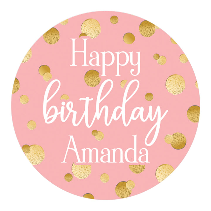 Personalized Birthday: Gold Confetti Pink - Circle Favor Stickers - 40 Stickers