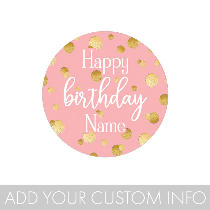 Personalized Birthday: Gold Confetti Pink - Circle Favor Stickers - 40 Stickers