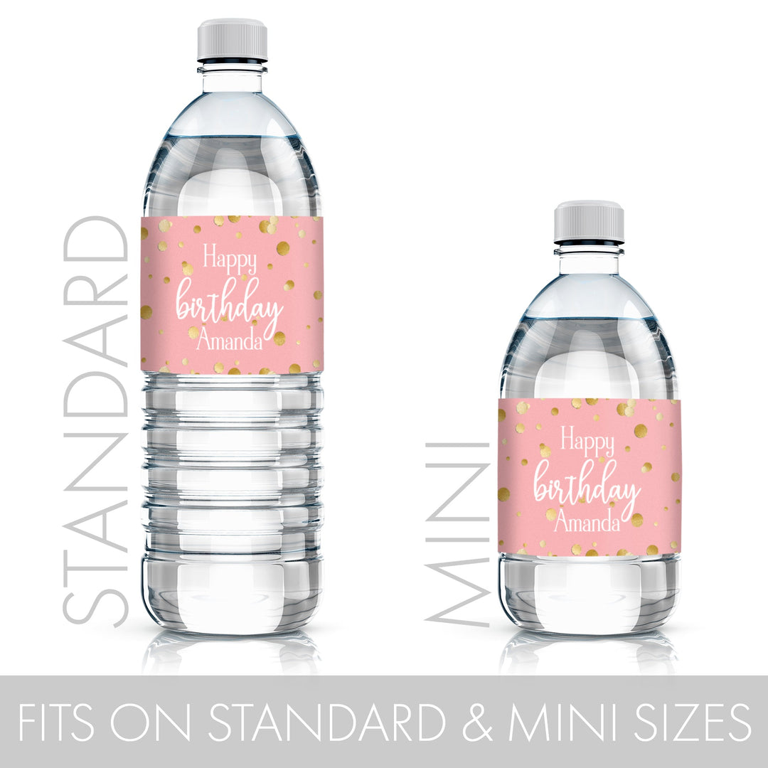 Personalized Pink and Gold Birthday Water Bottle Labels - 24 Stickers