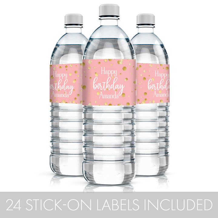 Cumpleaños personalizado: Confeti dorado rosa - Etiquetas para botellas de agua - 24 pegatinas impermeables