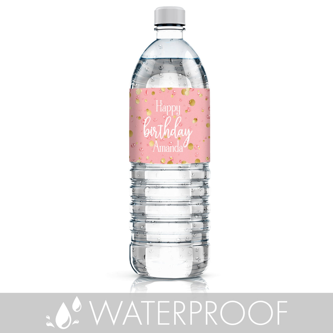 Personalized Pink and Gold Birthday Water Bottle Labels - 24 Stickers